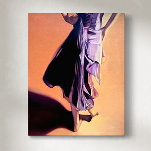 an original painting of a woman in a purple dress against an orange background
