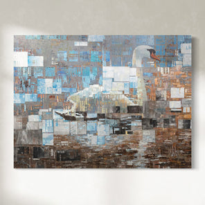 Abstract painting with geometric patterns on a textured surface.