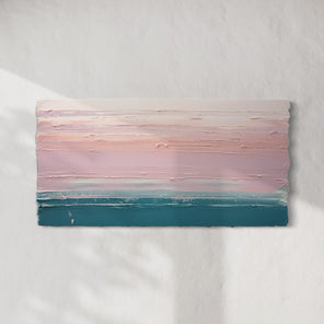 A peach, orange, coral, pale pink and teal thickly textured abstract painting hangs on a white wall with sunlight cascading over it.