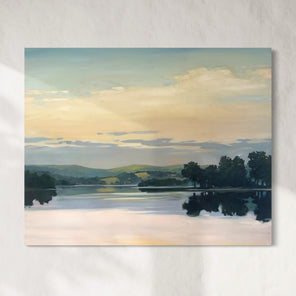 Painting of a landscape with a lake, trees, and a sunset sky.