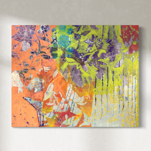 A painting is hung on the gallery wall. Beautiful floral motifs in neon green, purple, orange, and blue adorn the painting. The painting is wired and ready to hang.