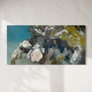 Abstract painting with floral elements on a light gray background