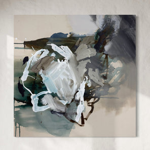 Abstract painting with a mix of white, gray, and blue on a beige background