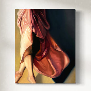 An original painting of a woman in a flowing orange garment on a dark background