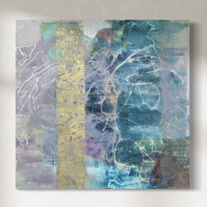An abstract painting with turquoise, purple, and golden tones is hung on a gallery wall.
