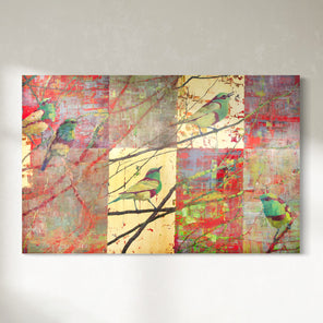 Abstract art piece with birds on branches against a colorful background