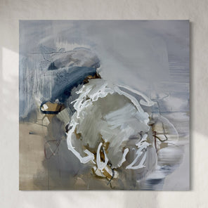 Abstract painting with swirling brushstrokes in white, blue, and beige on a textured wall.