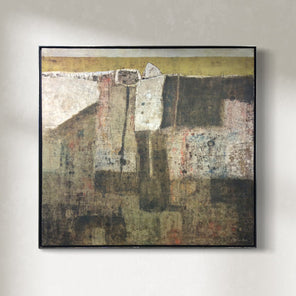 An abstract artwork featuring various colors including black, brown, gray, and yellow, with a modern geometric design, framed in a black frame.