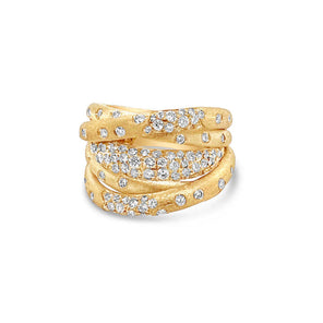 Gold ring with embedded diamonds on a white background