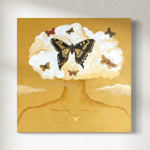 An original painting of an artistic depiction of a person with butterflies emerging from their head against a yellow background