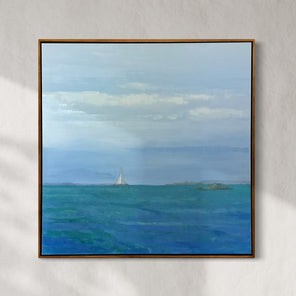 Framed painting of a sailboat on a blue ocean with a cloudy sky.