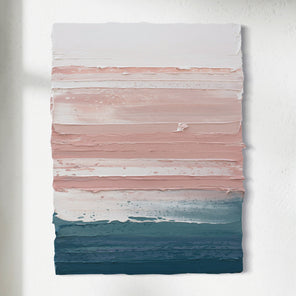 Abstract painting with horizontal stripes of pink, white, and blue on a white background