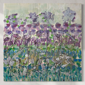 Original abstract artwork with purple and green hues on a textured surface hanging on a white background. 