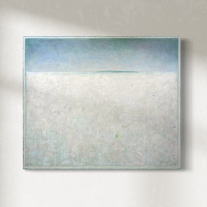 A white abstract landscape painting by Elwood Howell hangs on white wall.