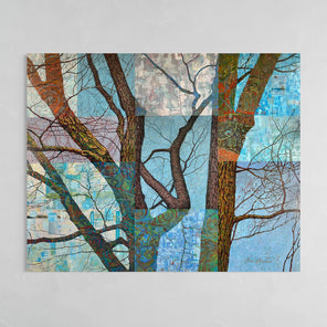 An original oil painting painting on wood and metal depicting trees with a patchwork of colors hanging on a light gray wall.