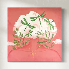 An original painting with clouds and green dragonflies as the head of a woman along with plants, and a gold necklace on a pink background