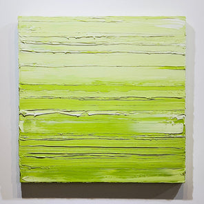 A textured green and white abstract painting by Teodora Guererra hangs on a white wall.