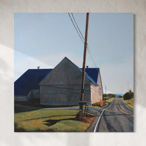 Painting of a rural scene with a barn and road under a blue sky.