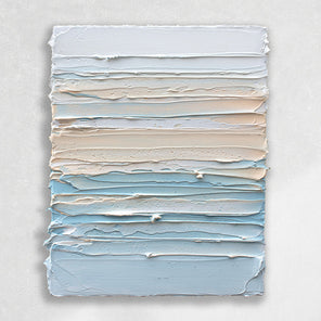 A white, orange sherbet, and teal blue thick textured painting on a white wall in natural light by Teodora Guererra.
