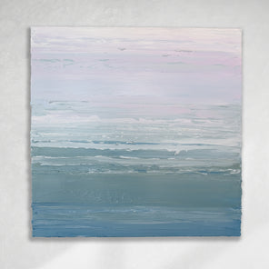 A teal blue, teal green, lavender and pale lavender textured abstract painting by Teodora Guererra hangs on a white wall.