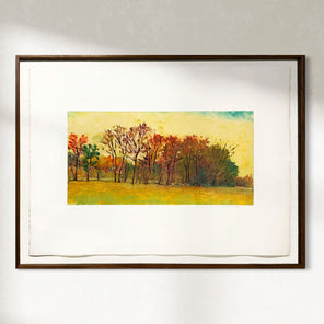 Framed painting of a landscape with trees and a yellow sky on a white wall.