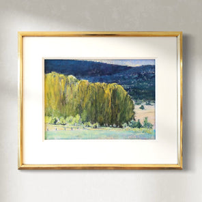 The painting, Study, Highland Greens by Ken Elliott matted in a gold frame hanging on a white wall.