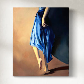 Painting of a person wearing a blue dress with a neutral background