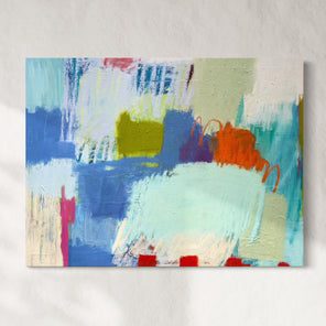 An abstract painting featuring a variety of colors including blue, green, yellow, and red with a textured finish.