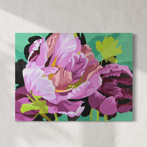 Floral painting with pink and purple flowers on a teal background hanging on a white wall