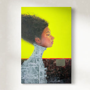 Canvas print of a person with an afro against a yellow background