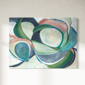 Abstract painting with swirling colors on a beige background