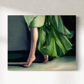 An original painting of a woman wearing a green dress with flowing fabric.