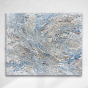 An original abstract painting by Teo Guererra with blue and gray brush strokes hanging on a white wall.
