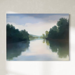 Painting of a serene landscape with a river and trees on a light gray background