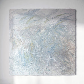 Original abstract painting with thick texture by artist Teodora 'Teo' Guererra hanging on a white wall.