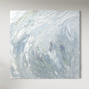 A Grey blue, light blue, lavender, celadon and white thickly textured abstract painting hanging on a white wall in natural light by Teodora Guererra.