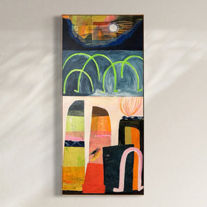 Abstract artwork with colorful geometric shapes on a light gray background