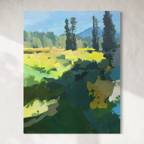 Vertical orientation artwork featuring an abstract representation of a landscape with elements of nature such as trees and grasses, predominantly in shades of blue and green.