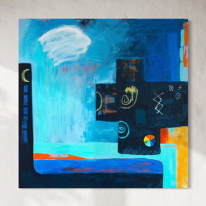 Abstract painting with blue, black, and orange colors on a gray background