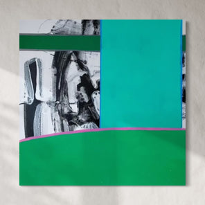 Abstract art piece with green, pink, and black elements on a textured surface