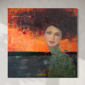 Abstract painting with a stylized portrait of a woman against a colorful background