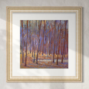 Framed painting of a forest scene with trees in purple and brown tones on a white wall.