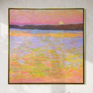 Framed painting of a sunset over water with a colorful sky.