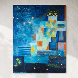 Abstract painting with geometric shapes and blue tones on a light gray background