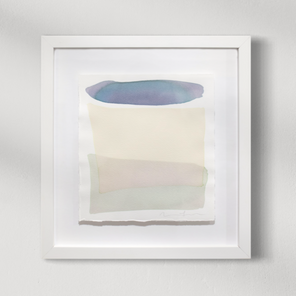 A teal blue with purple, pale yellow and light sea foam green shapes overlap in this painting by Nealy Hauschildt is float mounted in a white frame hanging on a white wall.